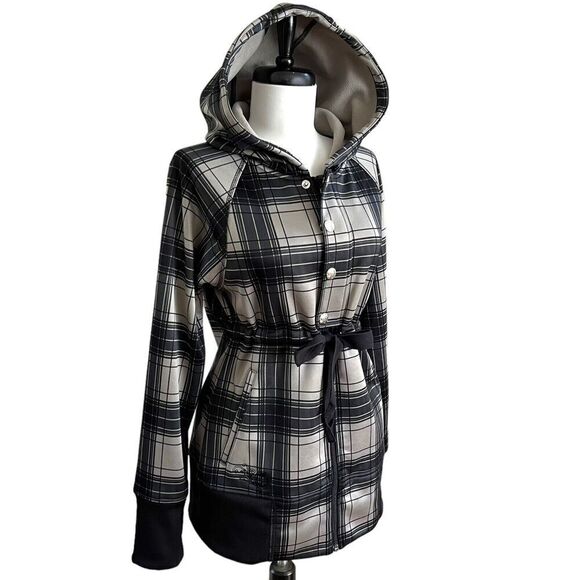 Burton Dry Ride Plaid Tie Waist Fleece Jacket M Gorpcore Hooded Ski Trail Grunge - Picture 2 of 15